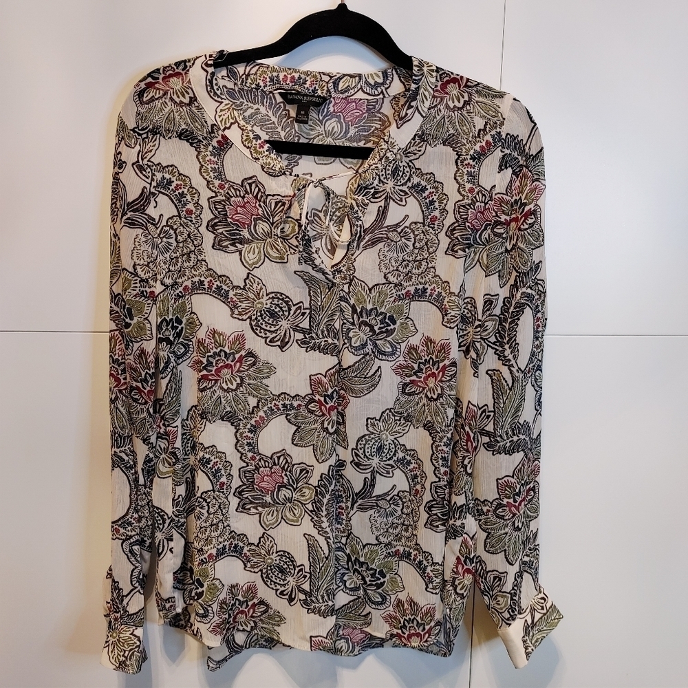 Banana Republic Factory Floral Paisley Tie Neck Blouse Boho Career Top M - Picture 11 of 11